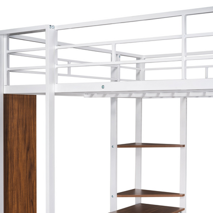 Start2Finish metal loft bed with built-in desk and two shelves, sturdy full size frame for bedroom use
