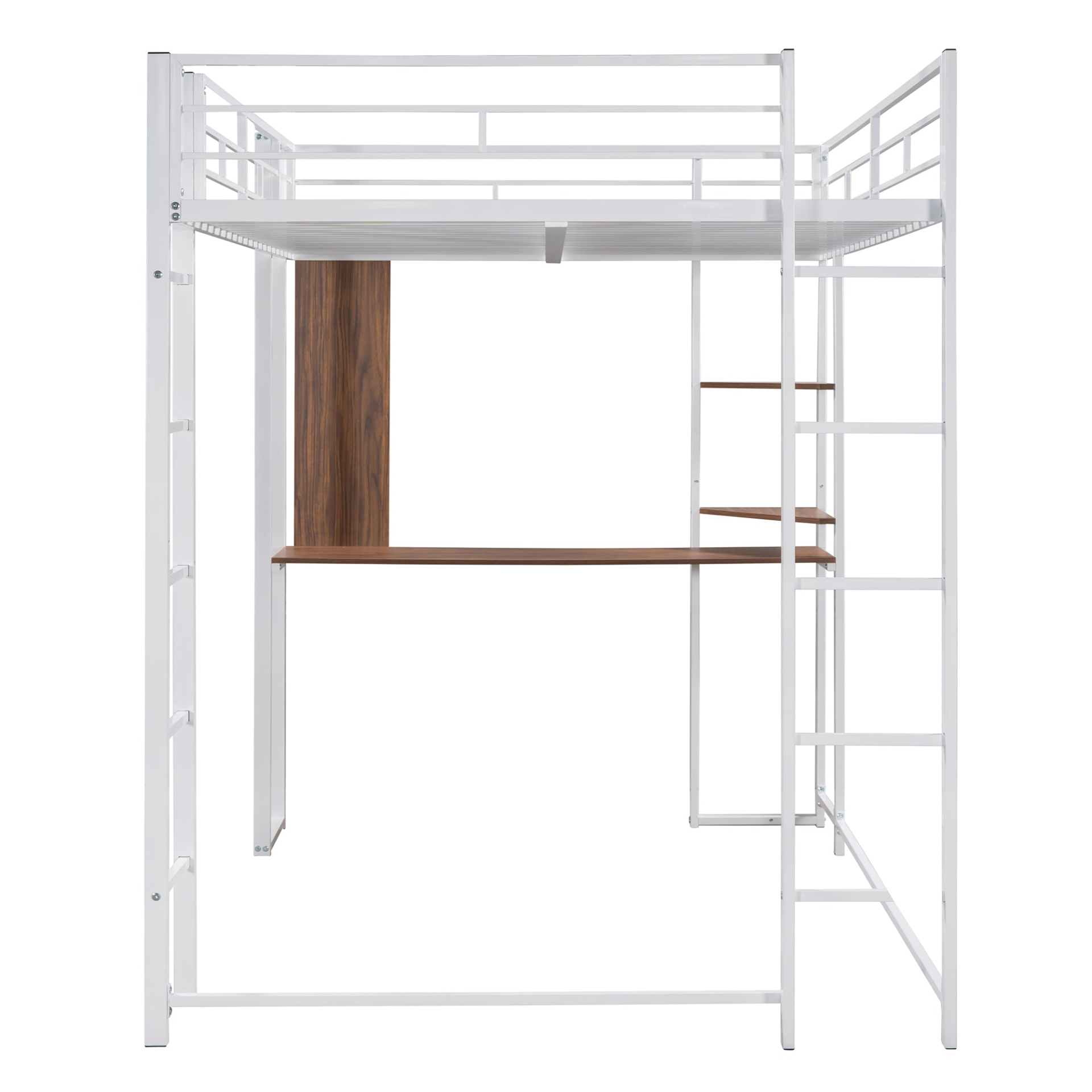 Start2Finish sturdy full size metal loft bed with two shelves and a desk, ideal for bedroom use, featuring a durable metal frame.