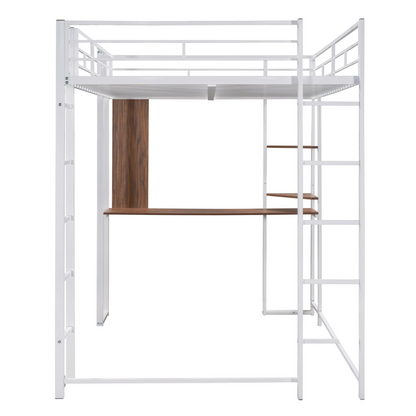 Start2Finish sturdy full size metal loft bed with two shelves and a desk, ideal for bedroom use, featuring a durable metal frame.