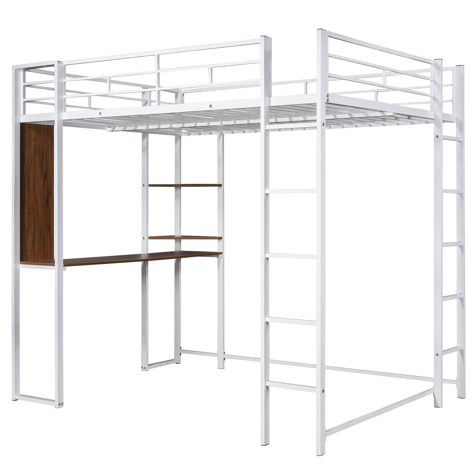 Start2Finish full size metal loft bed with two shelves and built-in desk, ideal for bedroom space-saving and organization.