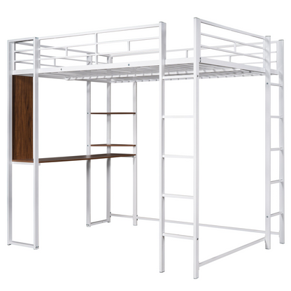 Start2Finish full size metal loft bed with two shelves and built-in desk, ideal for bedroom space-saving and organization.