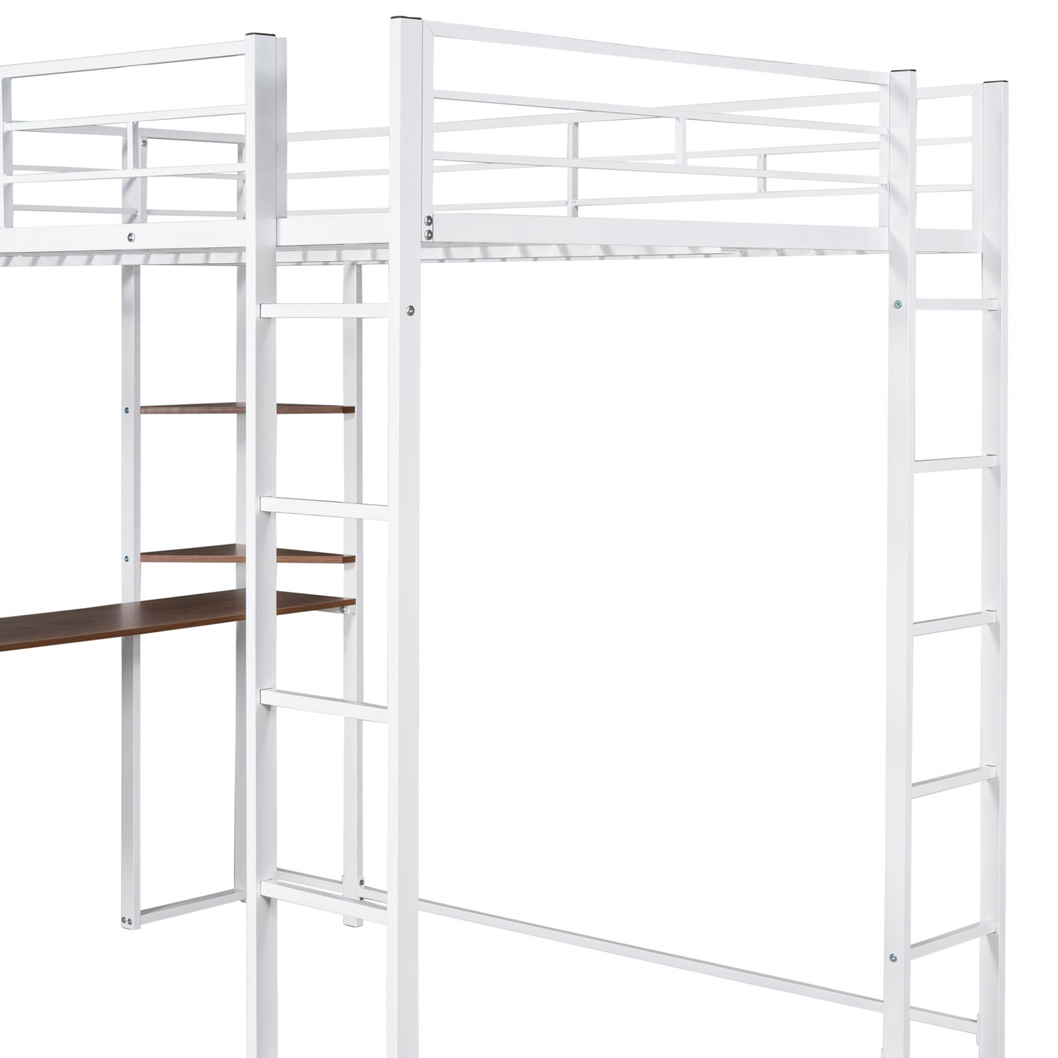 Full size metal loft bed by Start2Finish featuring two shelves and a desk, ideal for bedroom space-saving and organization.