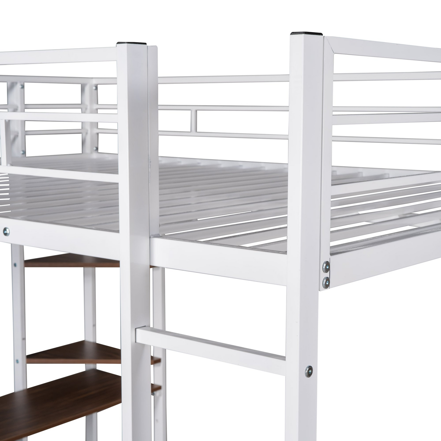 Start2Finish metal loft bed with built-in desk and two shelves, sturdy full-size frame, ideal for bedroom space.