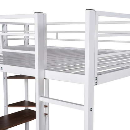 Start2Finish metal loft bed with built-in desk and two shelves, sturdy full-size frame, ideal for bedroom space.