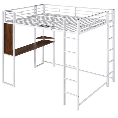 Start2Finish full size metal loft bed with built-in desk and two shelves, ideal for bedroom space-saving and organization.