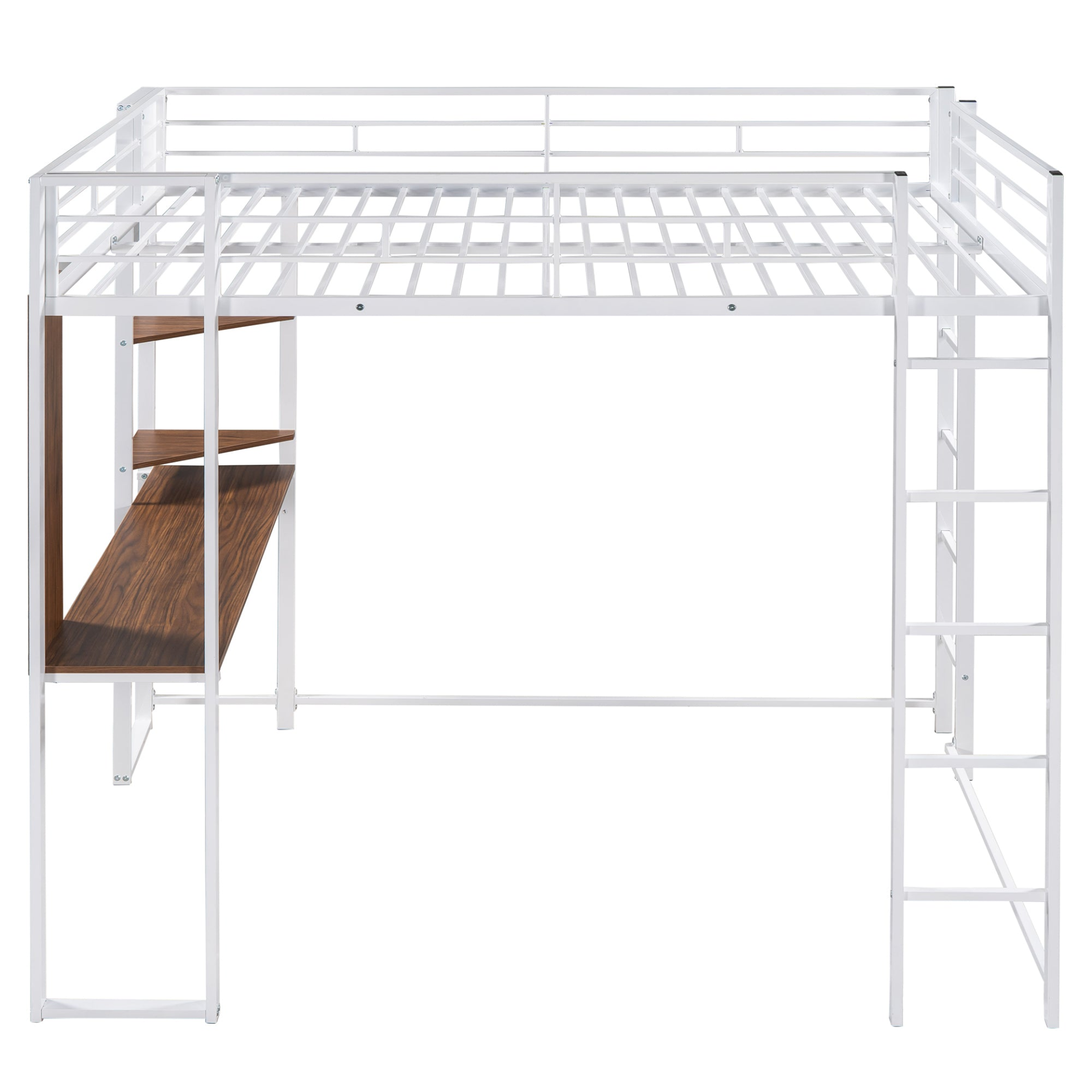 Start2Finish metal loft bed with integrated desk and two shelves, sturdy full-size frame for bedroom use.
