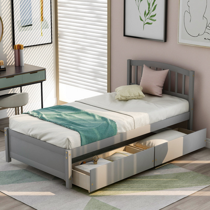 Start2Finish twin platform storage bed with wood frame, two drawers, and padded headboard, shown in a bedroom setting.