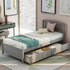 Start2Finish twin platform storage bed with wood frame, two drawers, and padded headboard, shown in a bedroom setting.