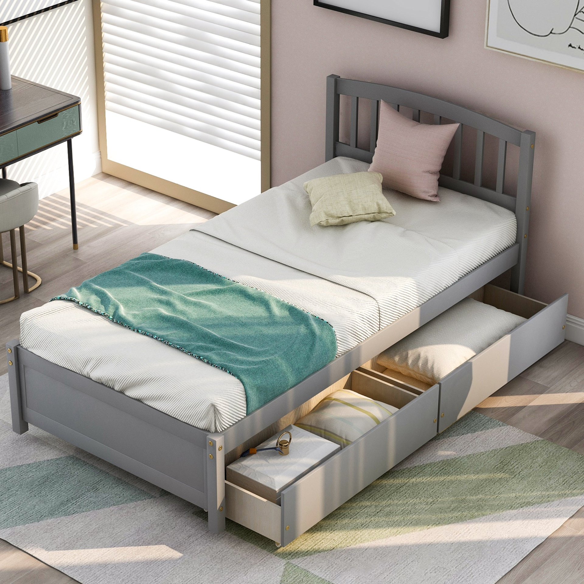 Twin platform storage bed frame with headboard and two built-in drawers, made of wood by Start2Finish.