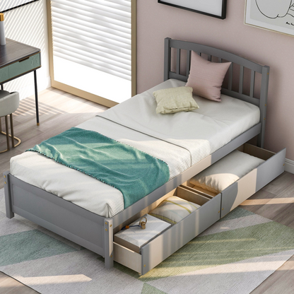 Twin platform storage bed frame with headboard and two built-in drawers, made of wood by Start2Finish.
