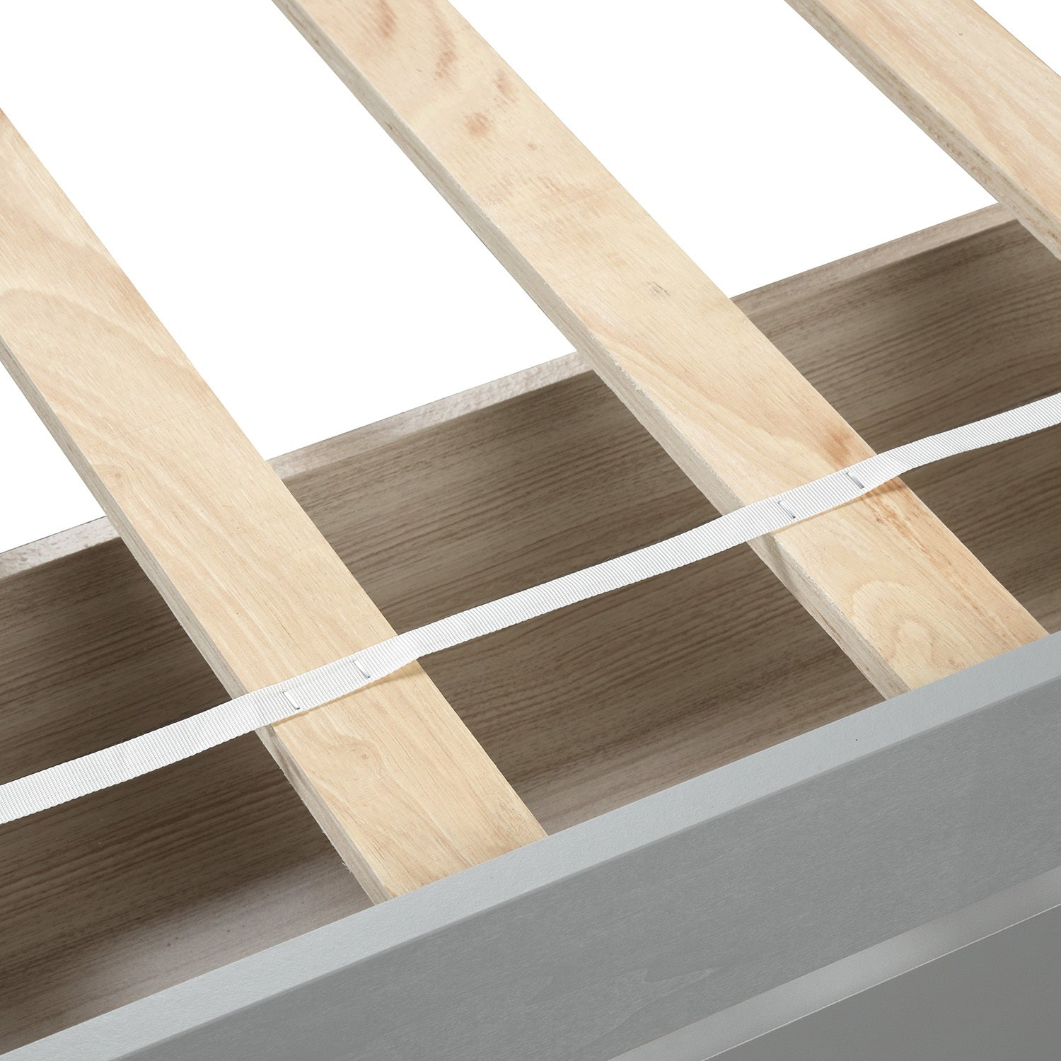 Start2Finish twin platform storage bed frame with wood construction, two drawers, and a matching headboard, shown in a bedroom setting.