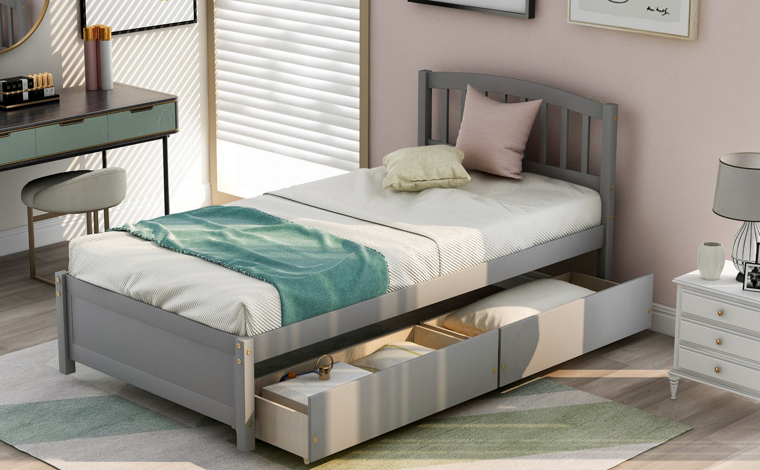 Start2Finish twin platform storage bed frame with wood construction, two built-in drawers, and a matching headboard.