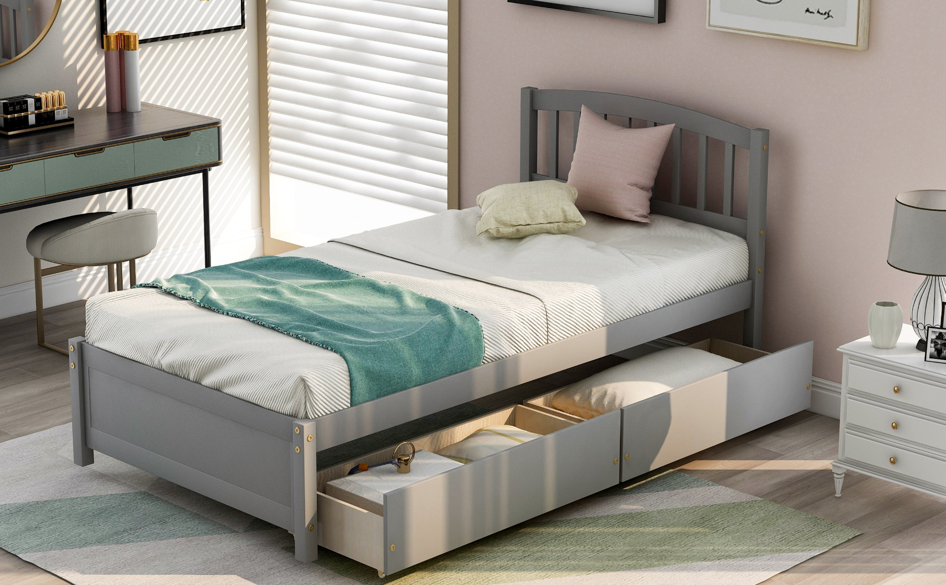Start2Finish twin platform storage bed frame with wood construction, two built-in drawers, and a matching headboard.