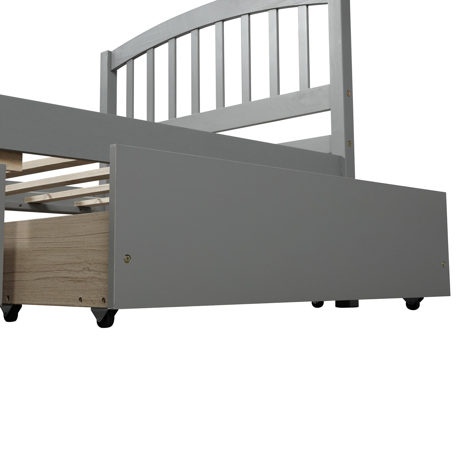 Start2Finish twin platform storage bed with wood frame, two drawers, and headboard, shown in natural wood finish.