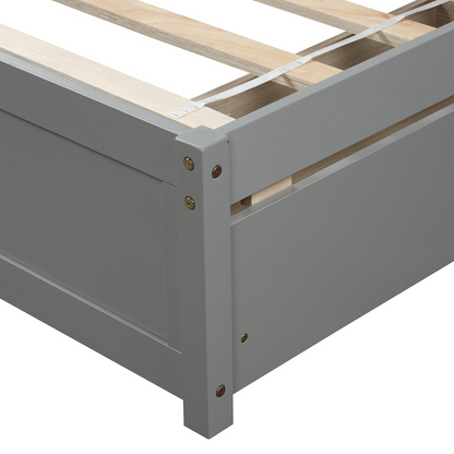 Start2Finish twin platform storage bed frame with wood headboard and two built-in drawers, shown with a modern bedroom setup.