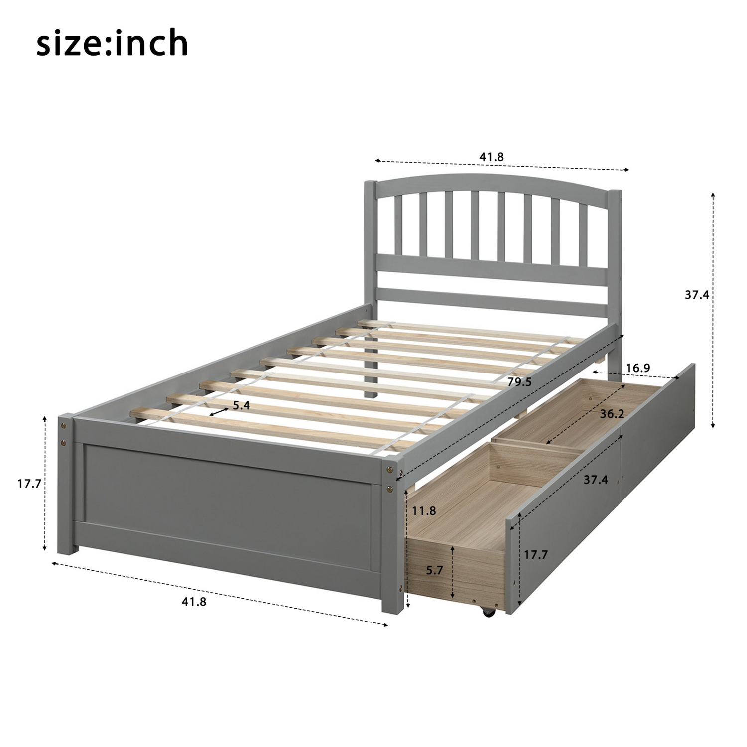 Start2Finish twin platform storage bed with wood frame, two drawers, and headboard, showcasing its sturdy construction and storage features.