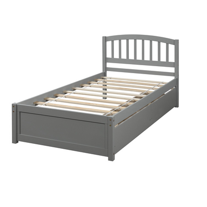 Start2Finish twin platform storage bed with wood frame, built-in headboard, and two drawers for under-bed storage.