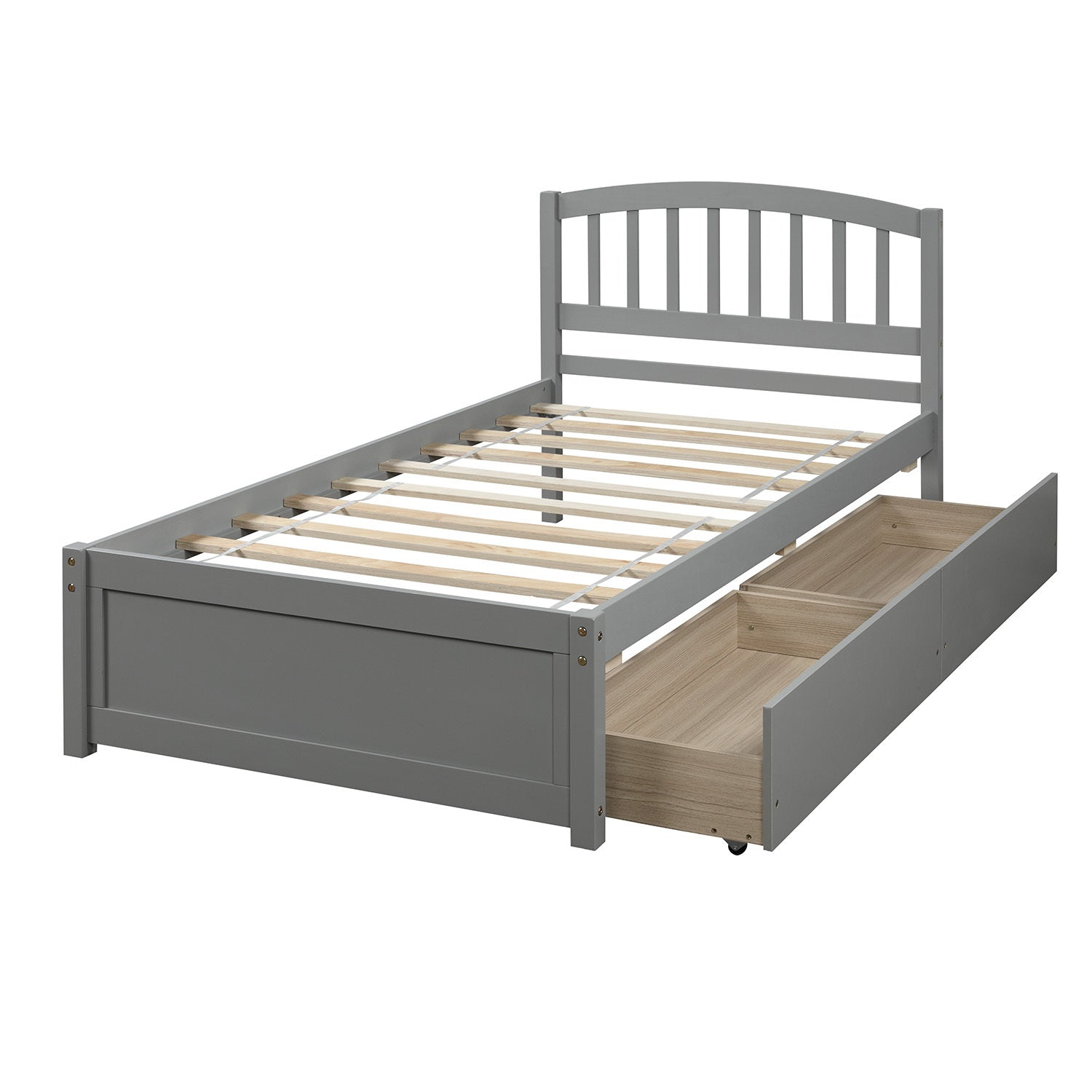 Start2Finish twin platform storage bed with wood frame, two drawers, and headboard, showing the bed&