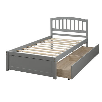 Start2Finish twin platform storage bed with wood frame, two drawers, and headboard, showing the bed&