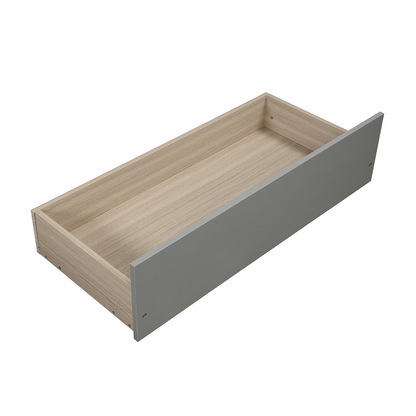 Start2Finish twin platform storage bed frame with wood finish, two built-in drawers, and a matching headboard.