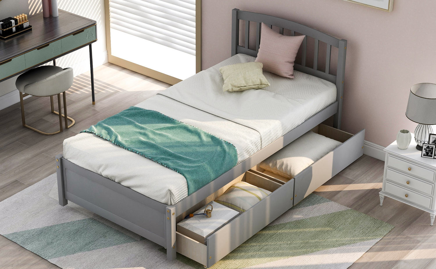Start2Finish twin platform storage bed with wood frame, two drawers, and headboard, shown in a bedroom setting.