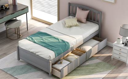 Start2Finish twin platform storage bed with wood frame, two drawers, and headboard, shown in a bedroom setting.