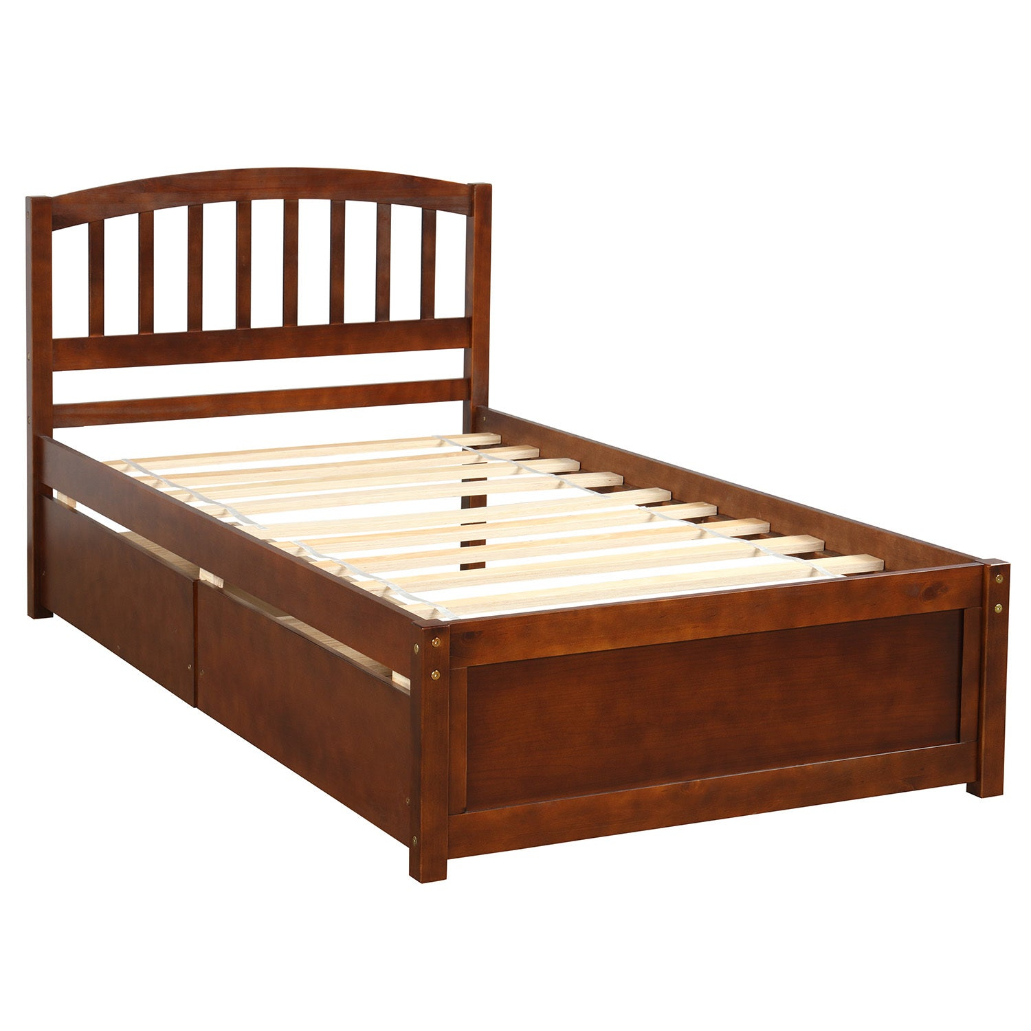 Start2Finish twin platform storage bed with wood frame, two drawers, and headboard, shown in natural wood finish.