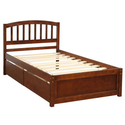 Start2Finish twin platform storage bed with wood frame, two drawers, and headboard, shown in natural wood finish.