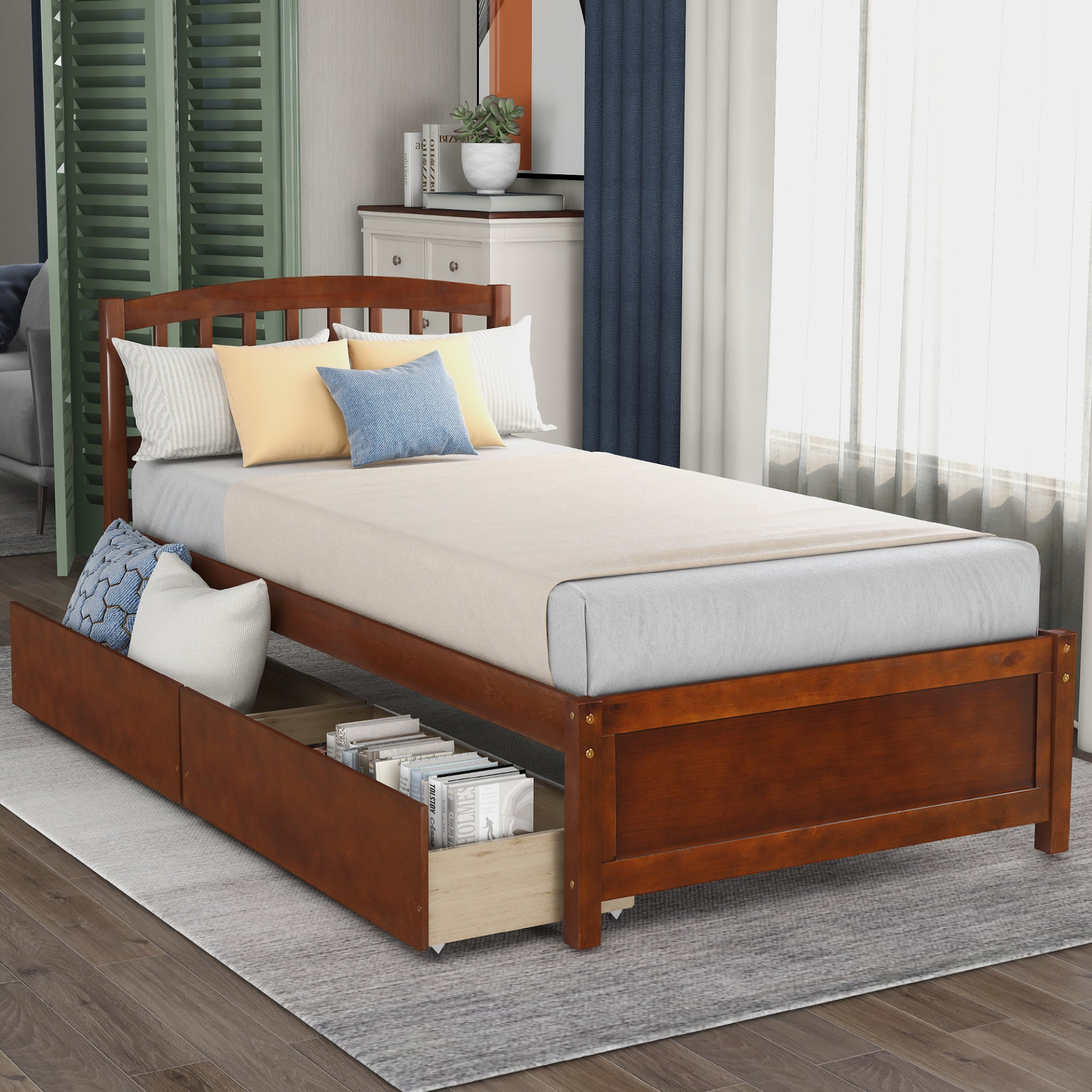Start2Finish twin platform storage bed with wooden frame, two built-in drawers, and a padded headboard in a modern design.