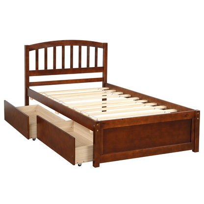 Twin platform storage bed frame with headboard and two built-in drawers, made of wood, by Start2Finish.