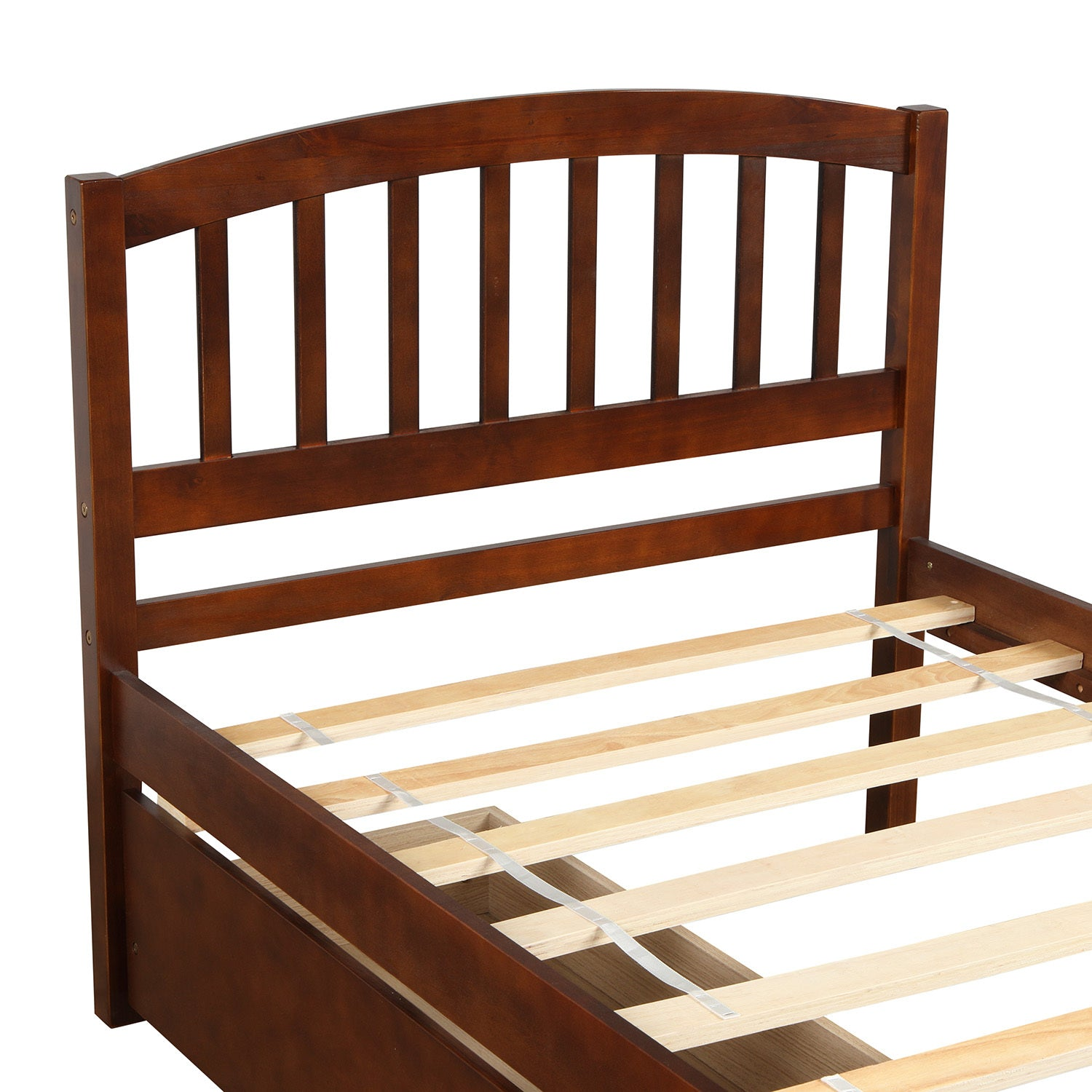Twin platform storage bed frame from Start2Finish with built-in two drawers and a wooden headboard, shown in a modern bedroom setting.