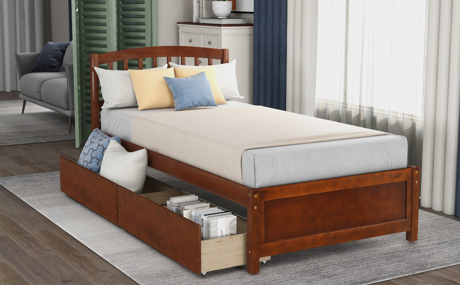 Twin platform storage bed frame by Start2Finish with built-in drawers, wooden headboard, and sturdy construction.