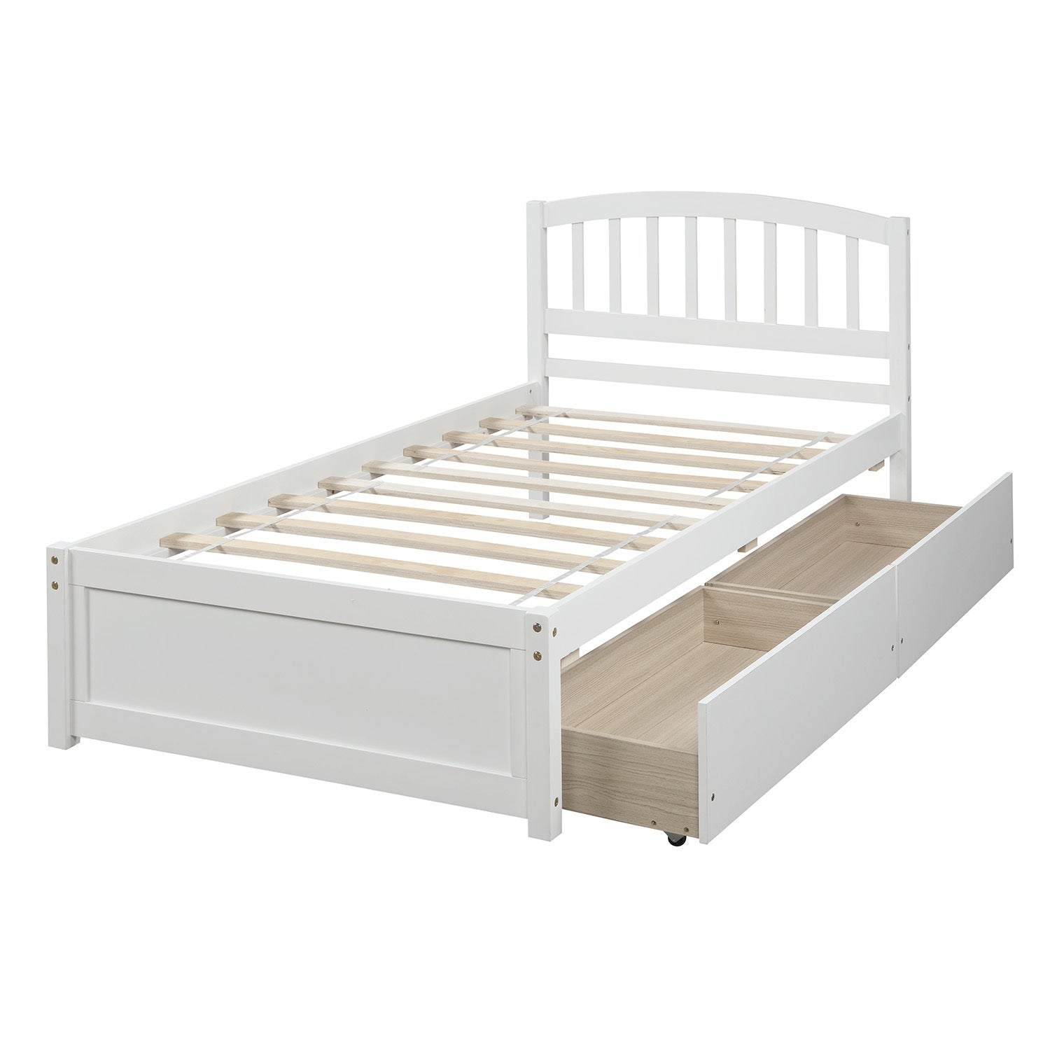 Start2Finish twin platform storage bed frame with wood construction, two built-in drawers, and a matching headboard.
