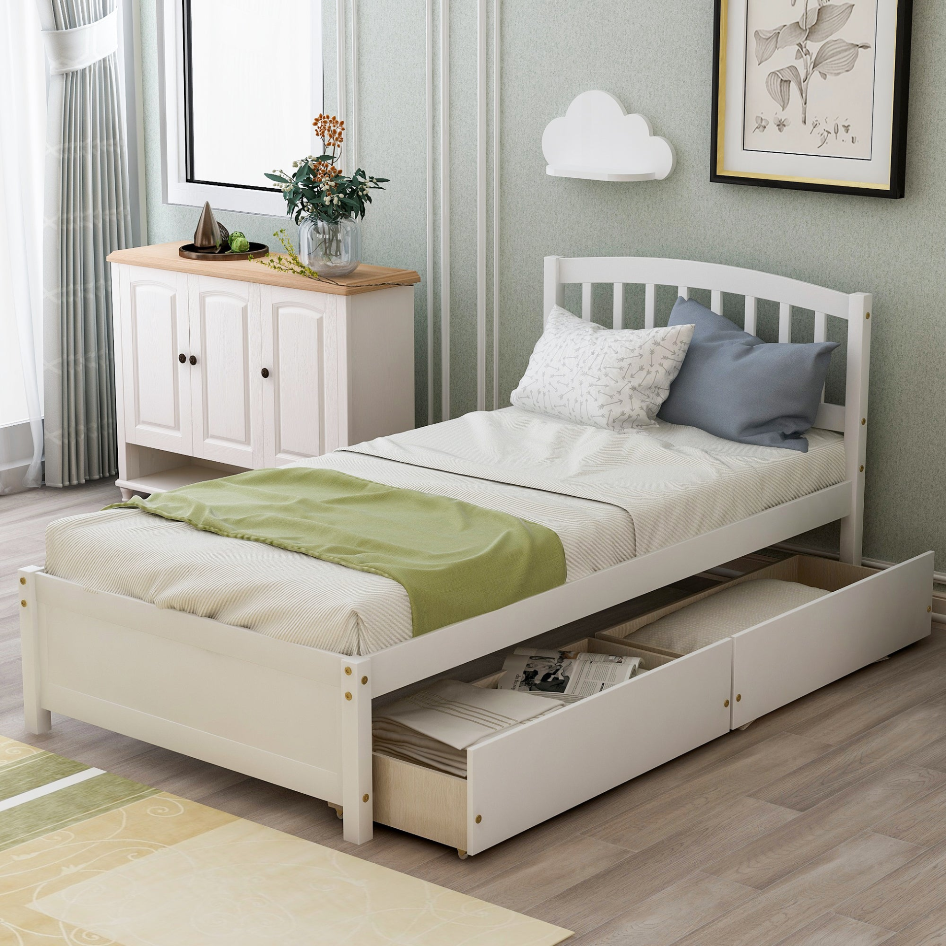 Twin platform storage bed frame with wood finish, headboard, and two built-in drawers for under-bed storage.