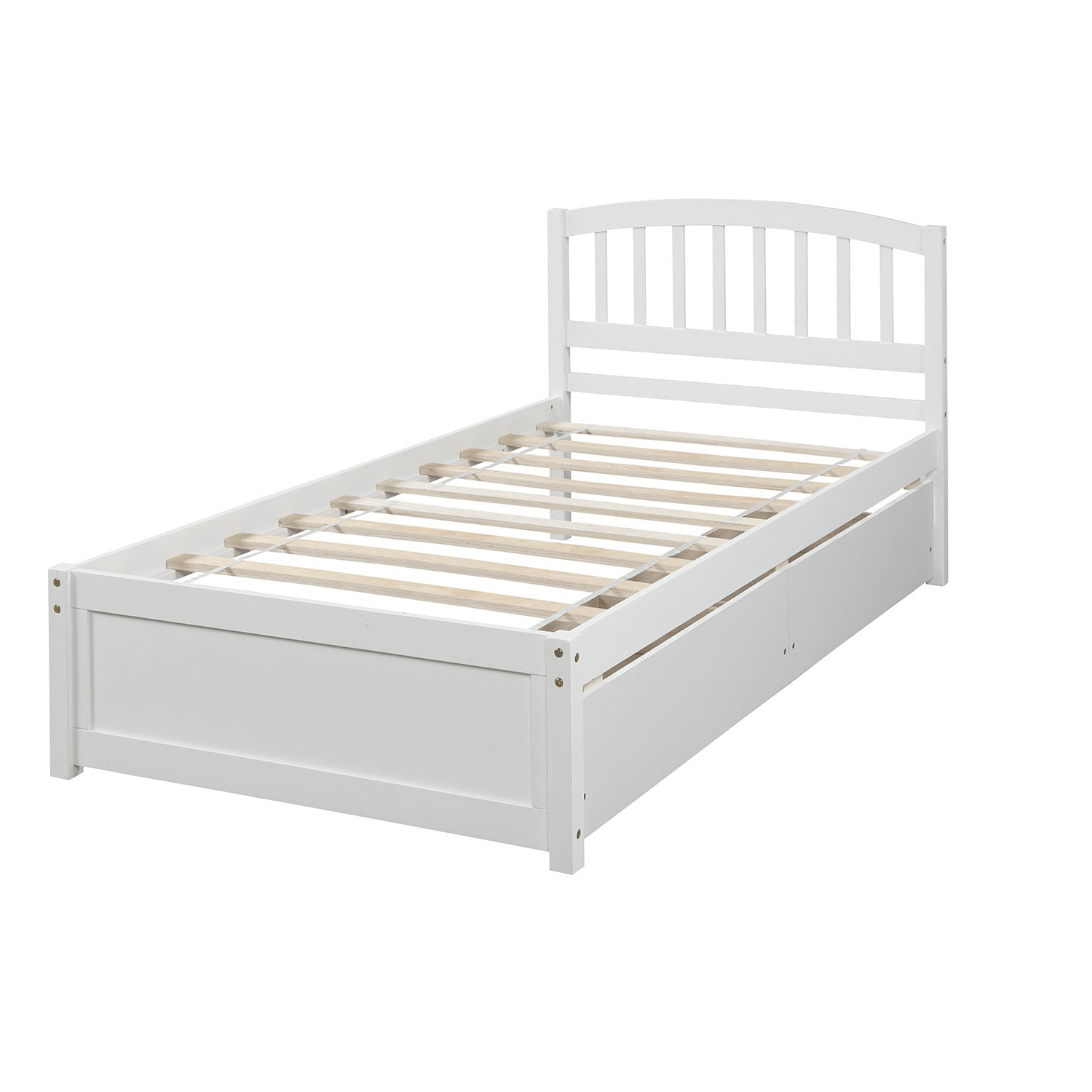 Start2Finish twin platform storage bed with wooden frame, two drawers, and headboard, showcasing the sturdy construction and storage features.