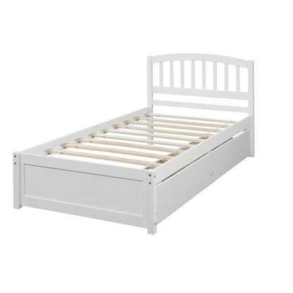 Start2Finish twin platform storage bed with wooden frame, two drawers, and headboard, showcasing the sturdy construction and storage features.