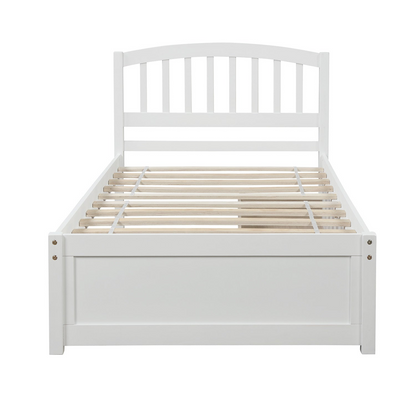 Start2Finish twin platform storage bed with wood frame, two built-in drawers, and a matching headboard, ideal for bedroom organization.