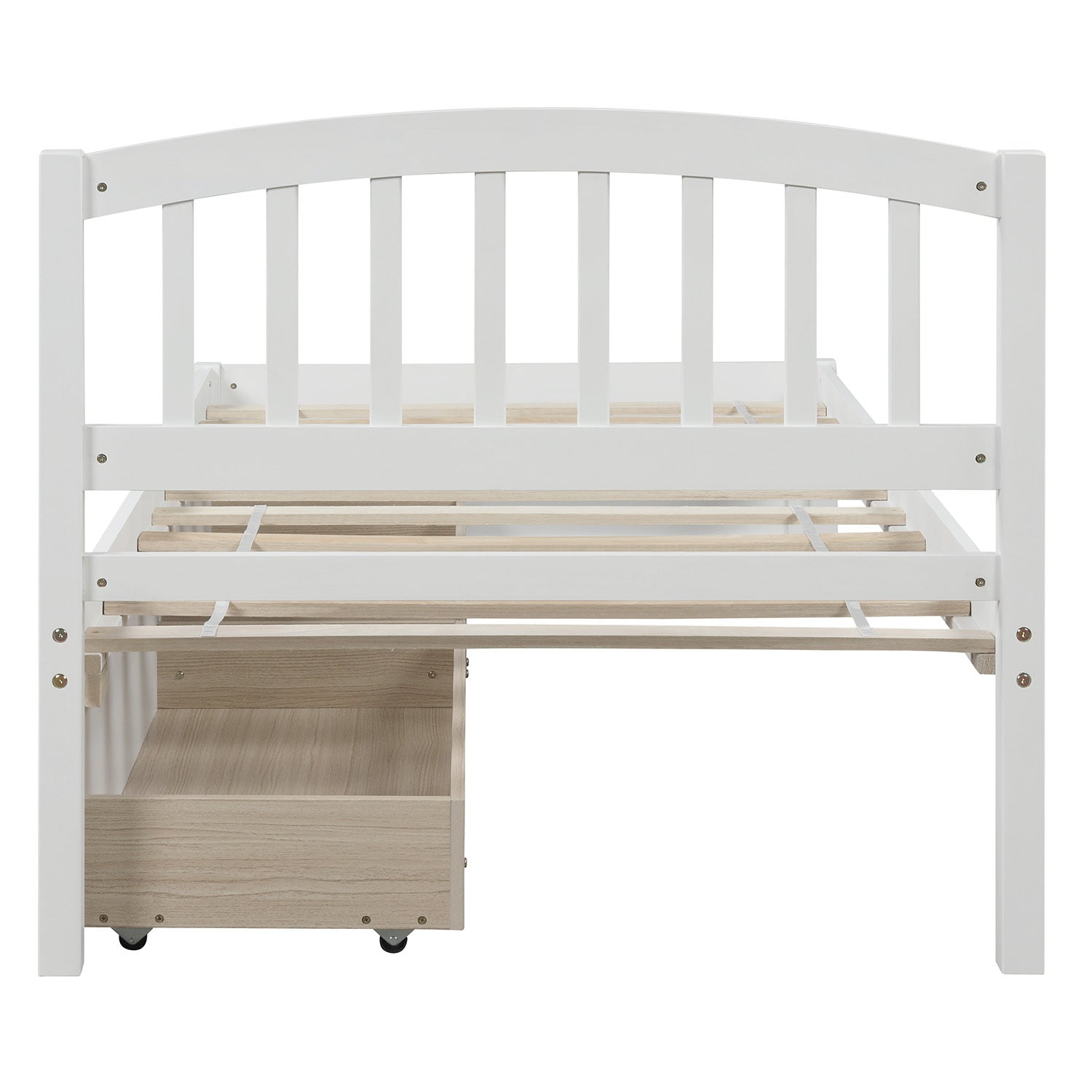 Start2Finish twin platform storage bed with wood frame, headboard, and two built-in drawers visible in the image.