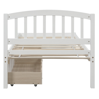 Start2Finish twin platform storage bed with wood frame, headboard, and two built-in drawers visible in the image.