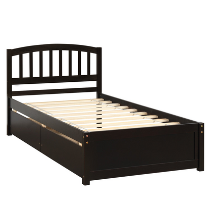 Start2Finish twin platform storage bed with wood frame, two drawers, and headboard, showcasing its sturdy construction and storage features.