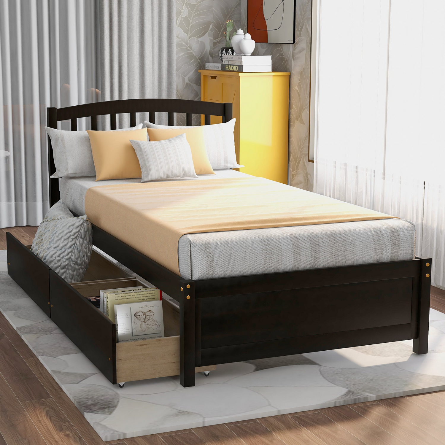 Start2Finish twin platform storage bed with wood frame, two drawers, and headboard, showcasing the sturdy construction and storage features.