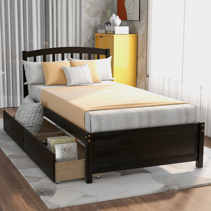 Start2Finish twin platform storage bed with wood frame, two drawers, and headboard, showcasing the sturdy construction and storage features.