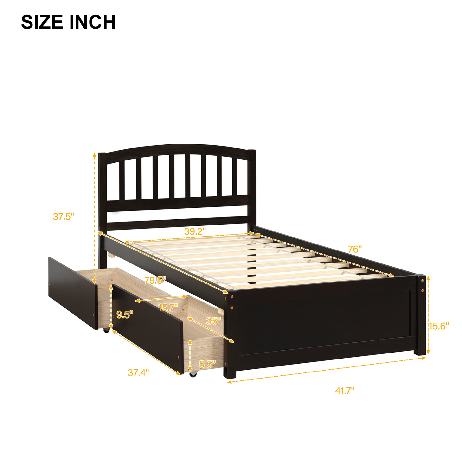 Start2Finish twin platform storage bed with wood frame, two built-in drawers, and headboard, shown in a modern bedroom setting.