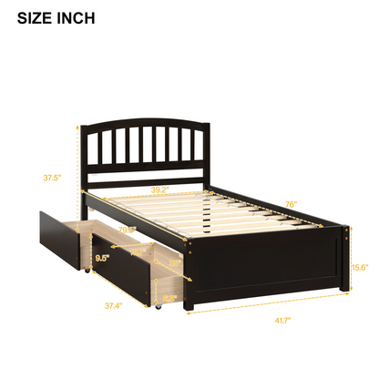 Start2Finish twin platform storage bed with wood frame, two built-in drawers, and headboard, shown in a modern bedroom setting.
