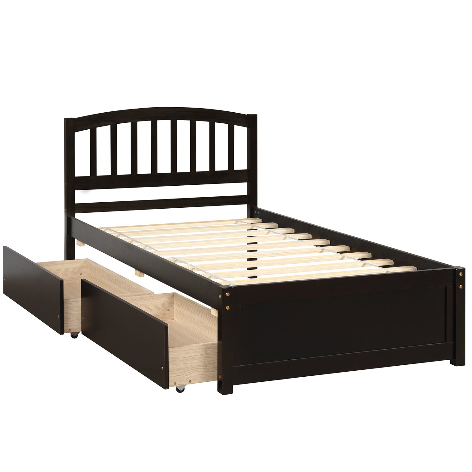 Start2Finish twin platform storage bed frame with headboard and two under-bed drawers, crafted from wood for a functional bedroom centerpiece.