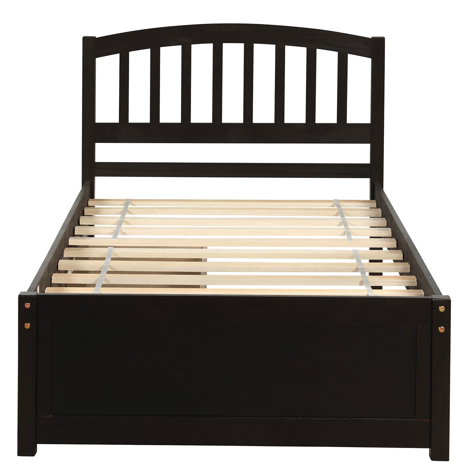 Start2Finish twin platform storage bed with wood frame, headboard, and two built-in drawers for under-bed storage.