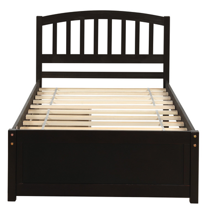 Start2Finish twin platform storage bed with wood frame, headboard, and two built-in drawers for under-bed storage.