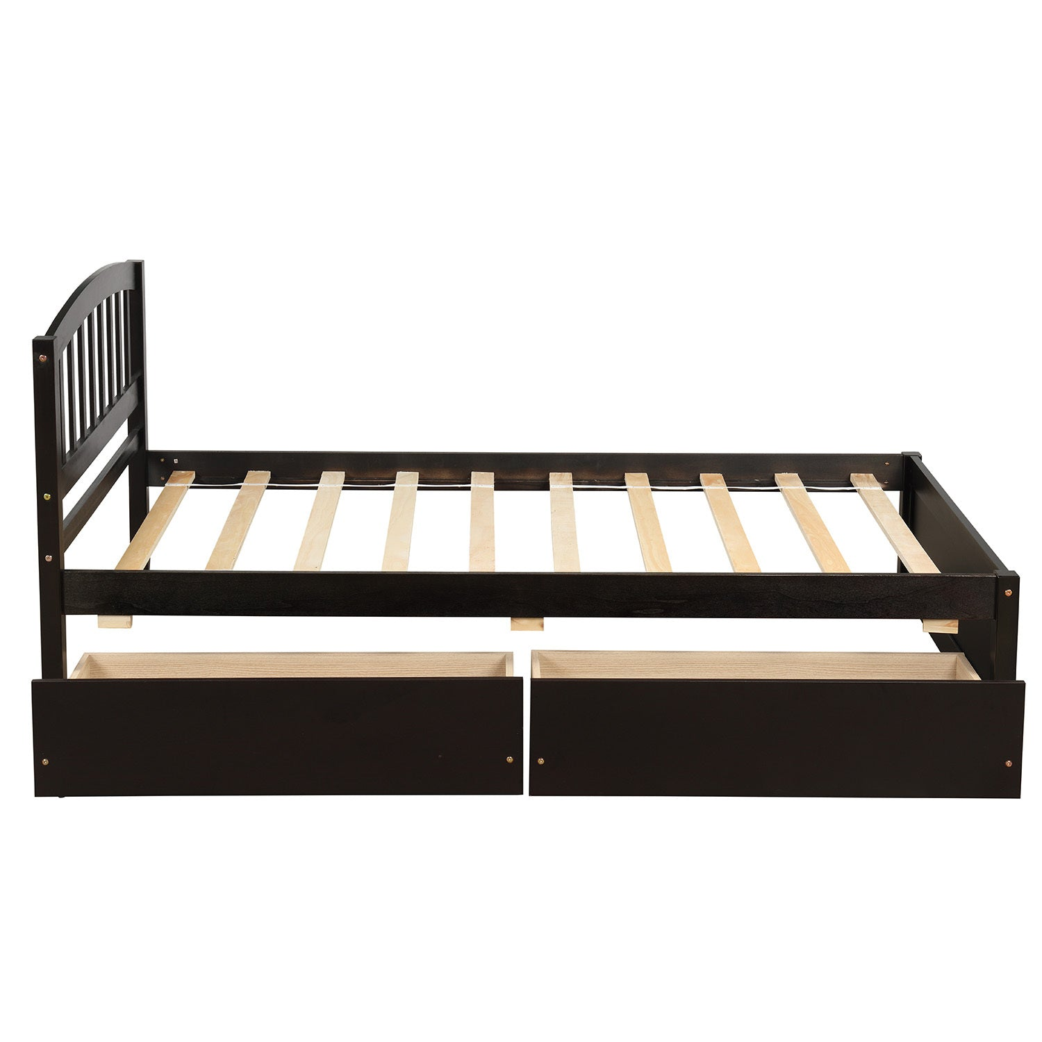 Start2Finish twin platform storage bed frame with wood finish, two built-in drawers, and headboard for bedroom organization.