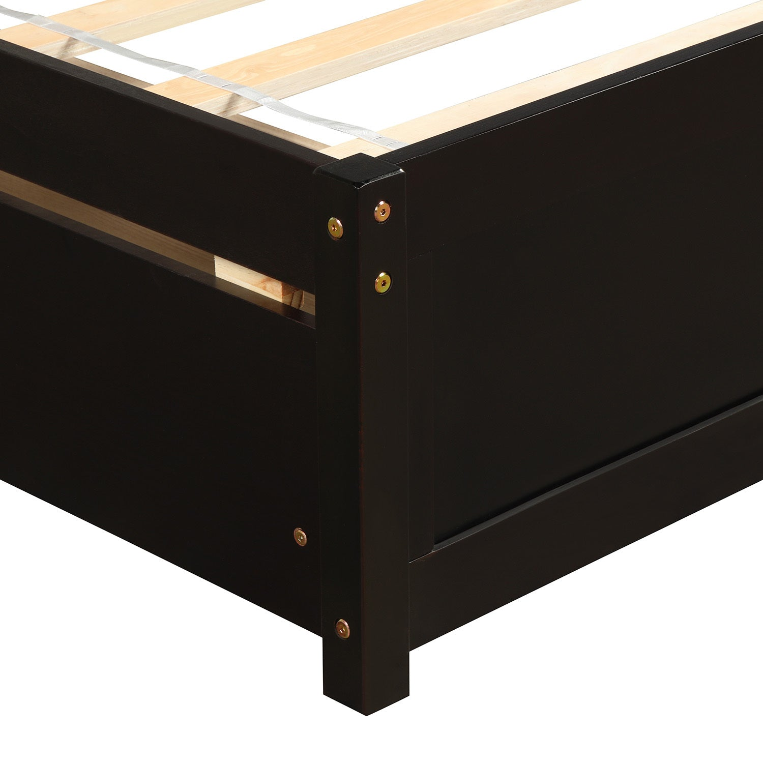 Start2Finish twin platform storage bed with wood frame, two drawers, and headboard, featuring a sleek design and functional storage.