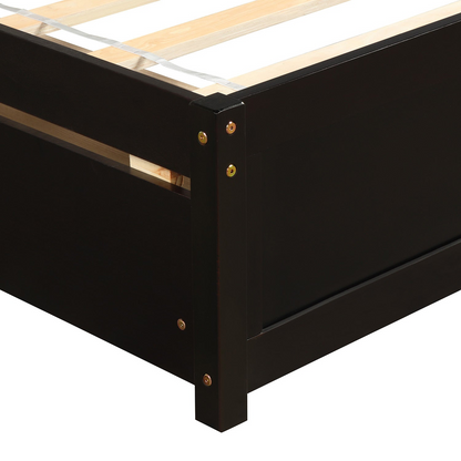 Start2Finish twin platform storage bed with wood frame, two drawers, and headboard, featuring a sleek design and functional storage.